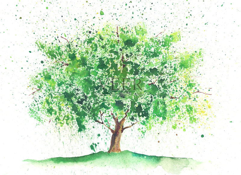 水彩夏天树正版插画素材