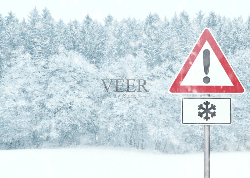 冬季背景-雪景与警告标志正版图片素材