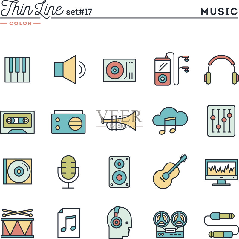 音乐、声音、录音、编辑等细线彩色图标图标素材