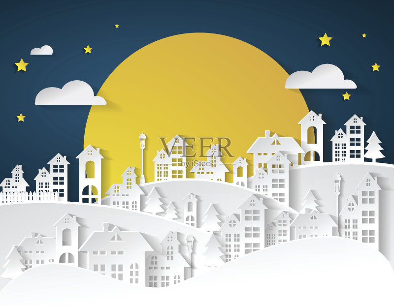 纸艺术冬雪城市乡村景观城市乡村正版插画素材