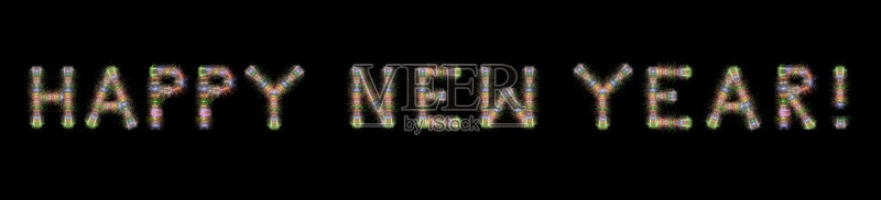 新年快乐文字彩色烟花横贯黑色背景XXXL正版图片素材