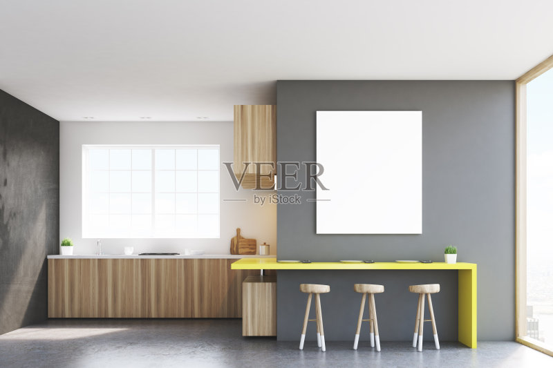 厨房台面和海报的正面视图正版图片素材