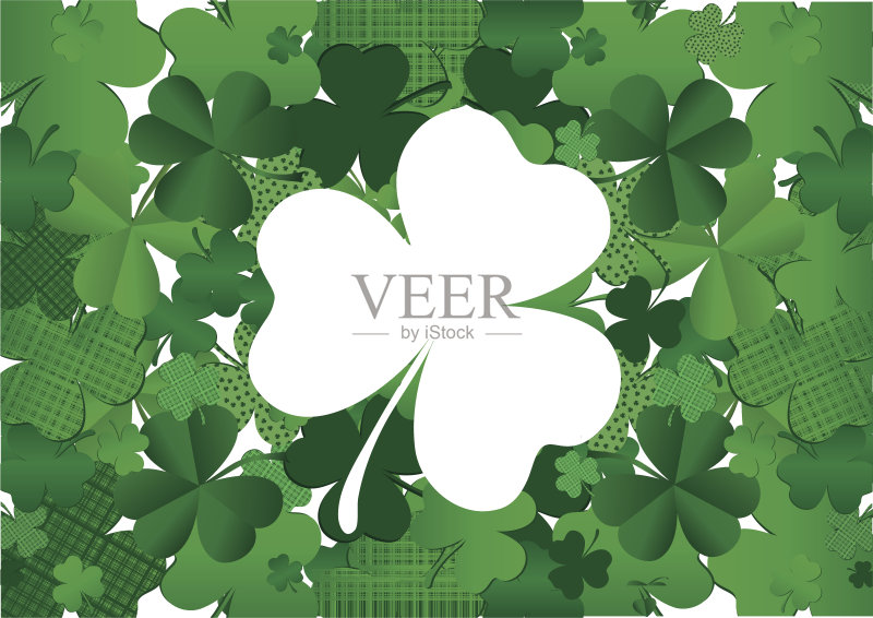 在大量三叶草的背景上留出三叶草的形状。St.Patrick的一天。矢量插图。贺卡与空白文字或广告。正版插画素材