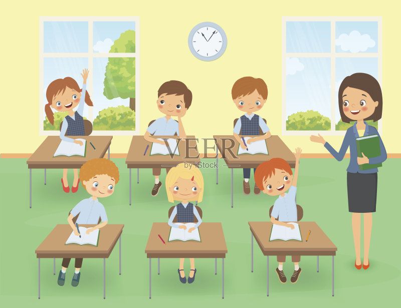 老师在教室里和学生们一起上课正版插画素材