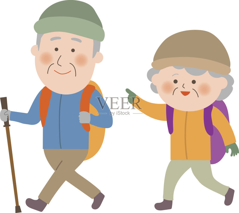老夫妇喜欢徒步旅行正版插画素材