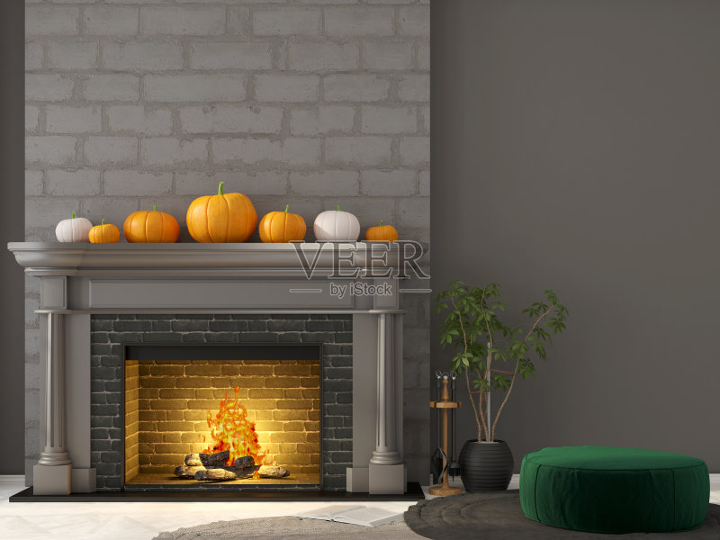 Сlassic壁炉和绿色蒲团正版图片素材