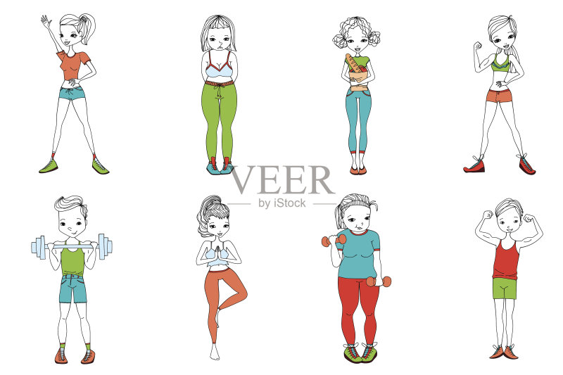平面健康生活方式矢量人设置插图:女人和男人正版插画素材