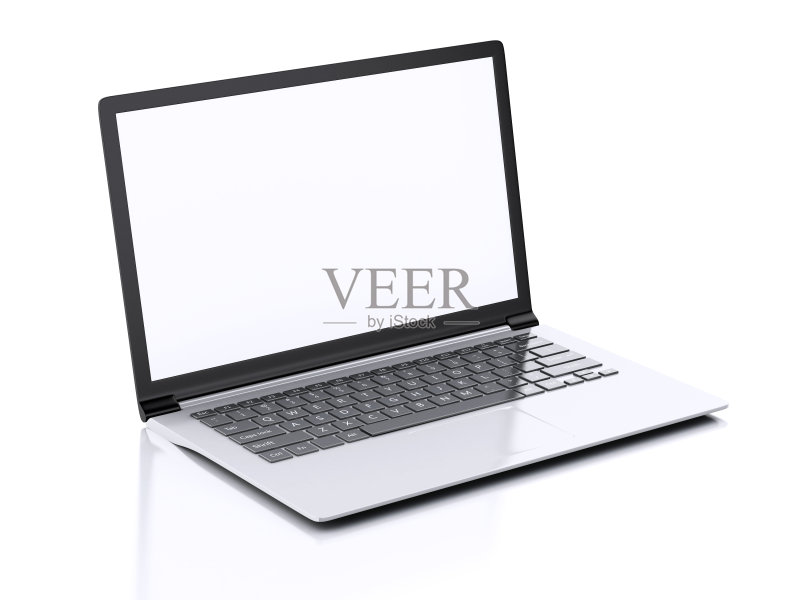 白色屏幕的现代笔记本电脑。三维演示正版图片素材