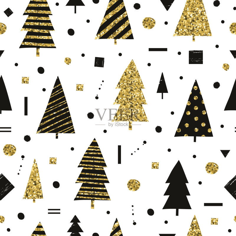 圣诞假期。可爱的金色矢量无缝图案正版插画素材