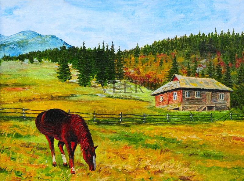 山中山水，马近家在山中，油正版插画素材