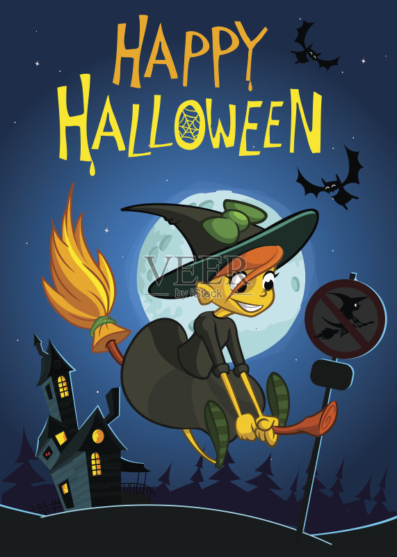 万圣节背景可爱的女巫飞在她的扫帚上正版插画素材
