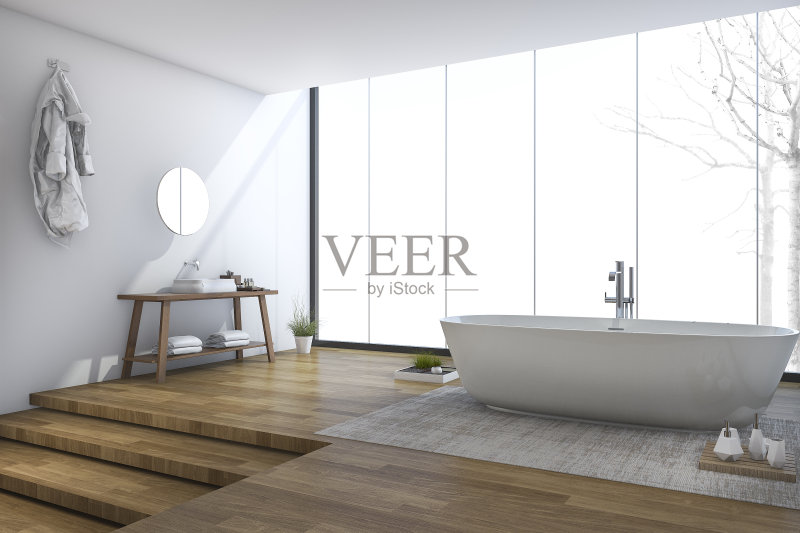 3d渲染明亮的现代浴室靠近窗户在冬天正版图片素材