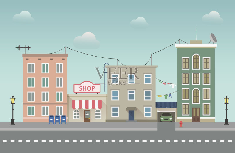 天城城市景观。小镇矢量平面插图正版插画素材