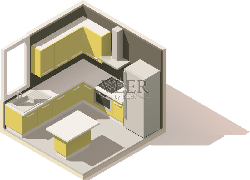 向量等距低多边形厨房房间图标正版插画素材