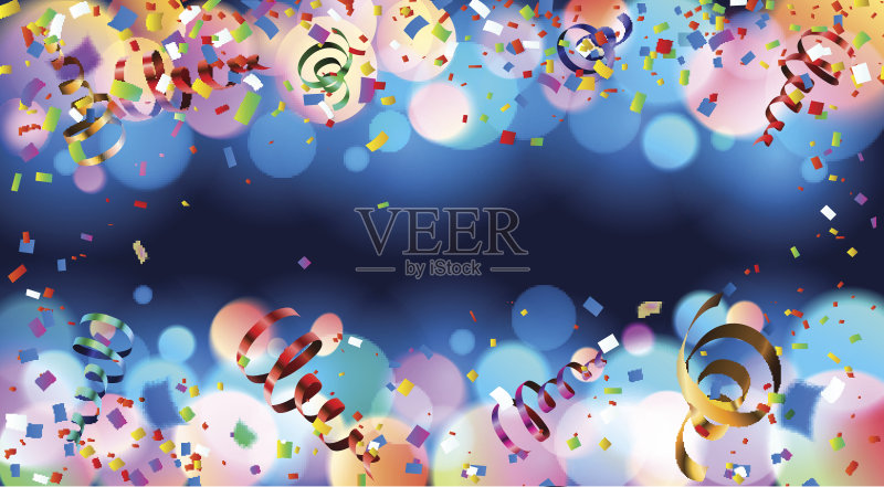 深蓝色的假日背景与多彩的闪光散景和蛇纹石正版插画素材