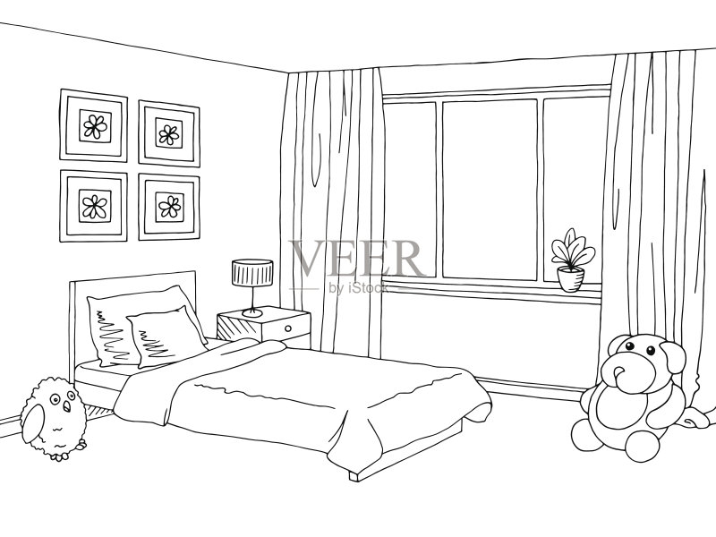 儿童房图形黑白内饰素描矢量图插画图片素材