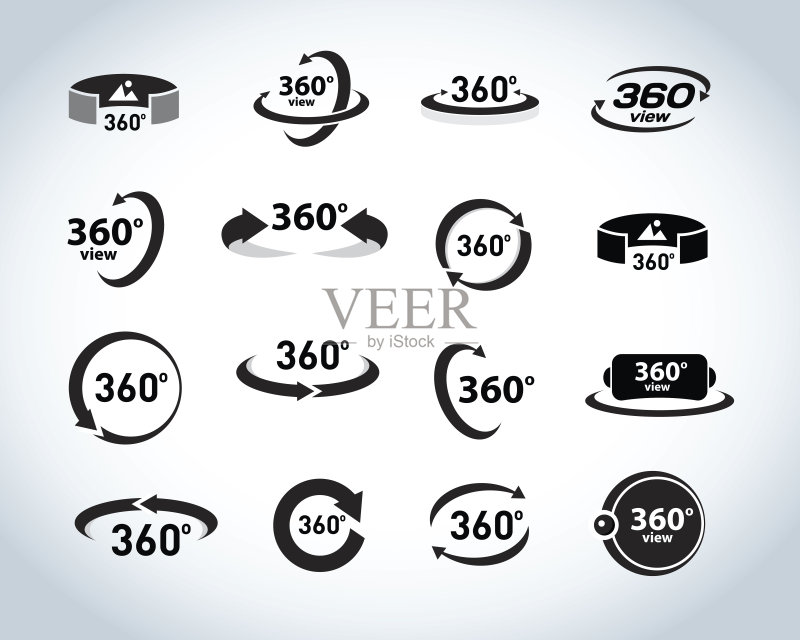 360度视图矢量图标设置。虚拟现实图标。正版插画素材