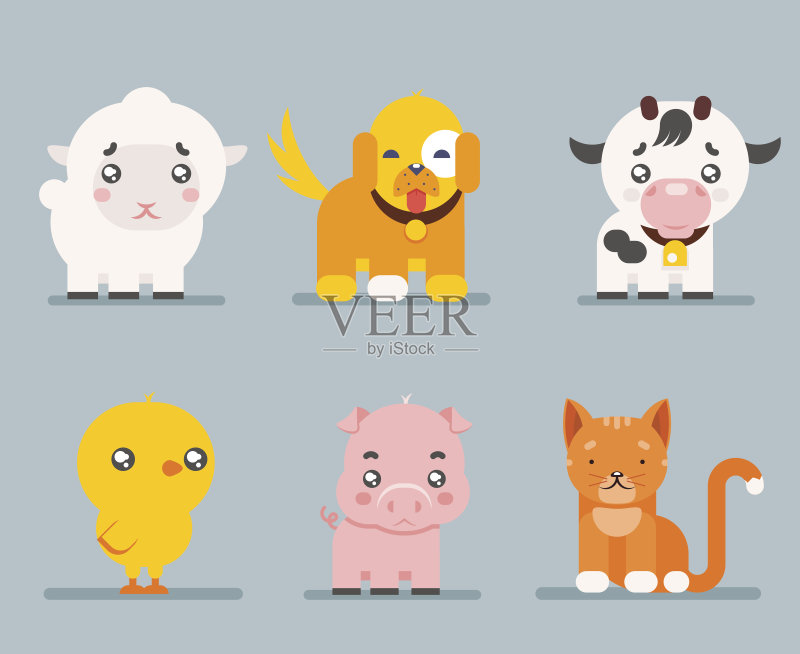 可爱的农场动物卡通平面设计图标设置字符向量正版元素素材