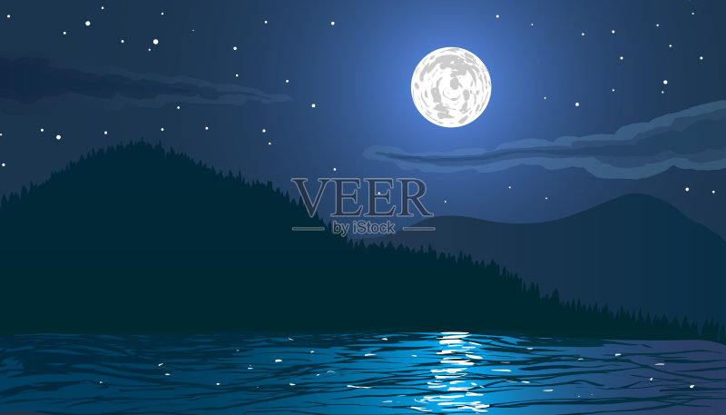 有山有月的海边沙滩。正版插画素材