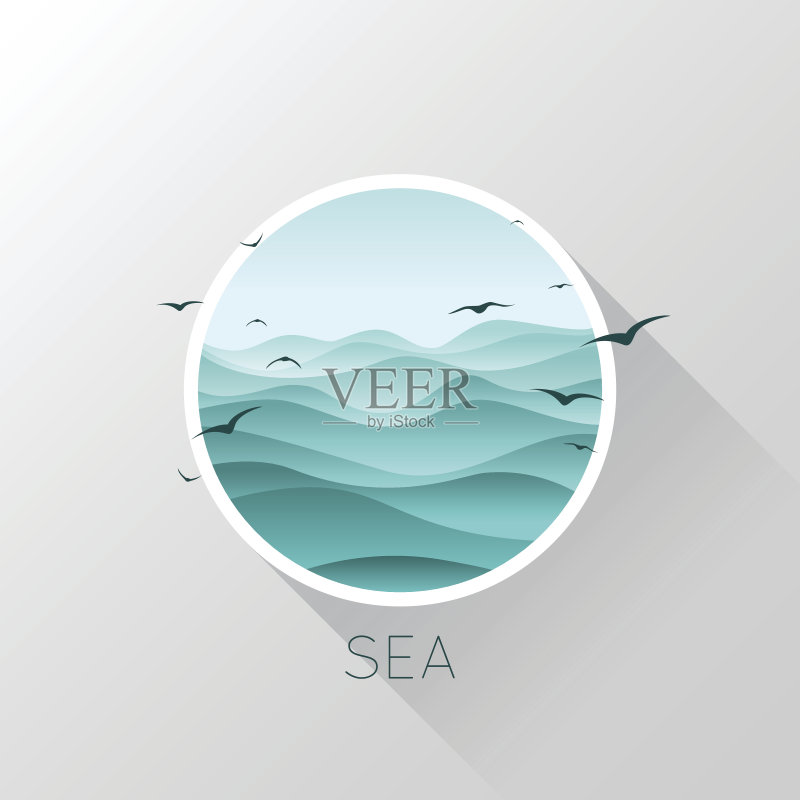 海图标。海浪和海鸥。矢量插图。正版插画素材