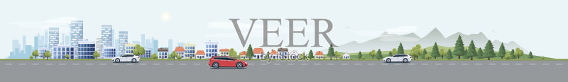 汽车与城市自然背景的城市景观街道正版插画素材