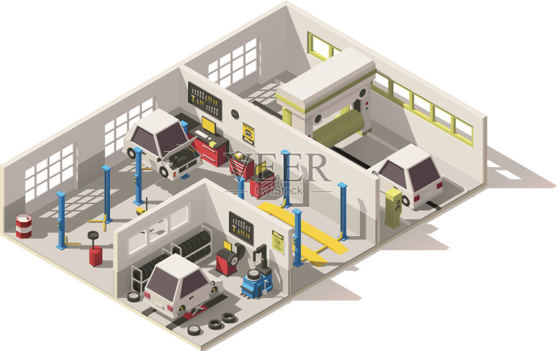 矢量等距低聚汽车服务中心正版插画素材