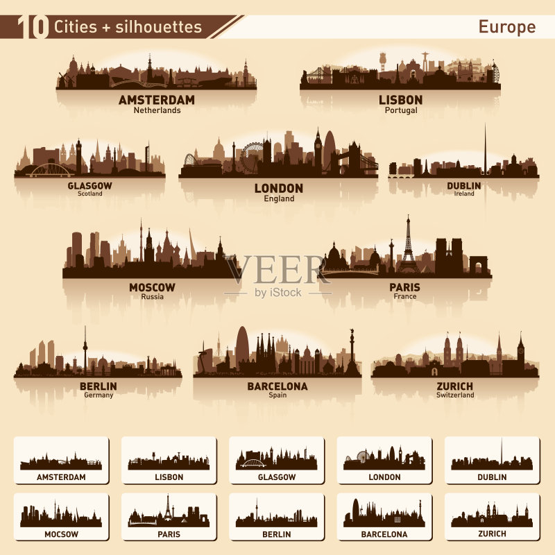 城市天际线设置10向量轮廓欧洲#1正版元素素材