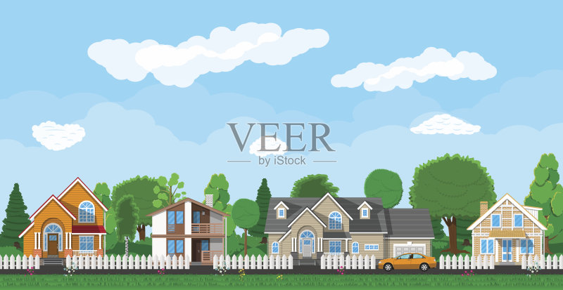 带汽车的私人郊区住宅正版插画素材