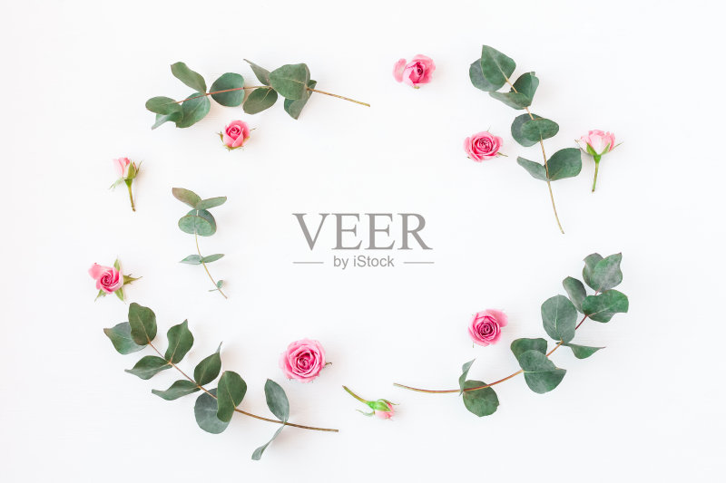 框架与玫瑰花和桉树枝。平躺正版图片素材