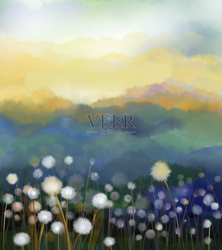 抽象画油画白花田野在柔和的颜色正版插画素材