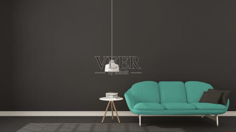 斯堪的纳维亚简约的深色背景，与绿松石沙发在人字天然拼花地板，室内设计正版图片素材