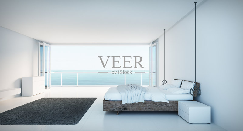 面向海景的最小卧室正版图片素材