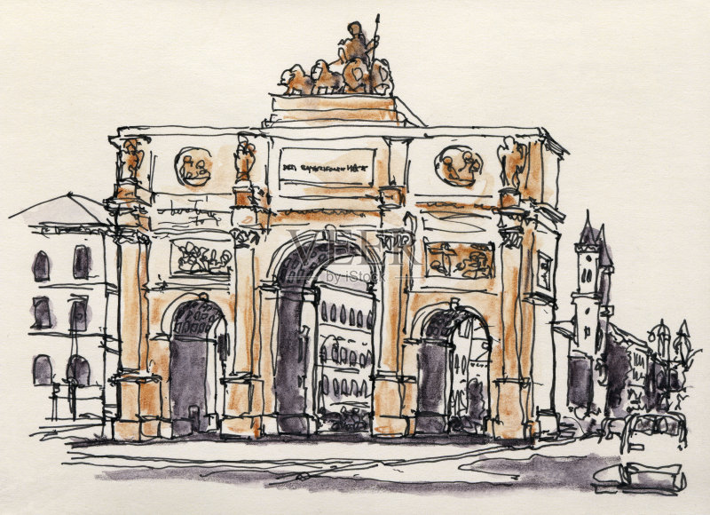 慕尼黑水彩水墨速写正版插画素材