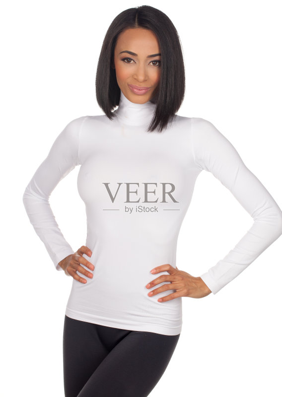 性感的女人穿着白色高领t恤正版图片素材