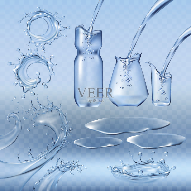 设置矢量插图水飞溅和流动，小溪正版元素素材