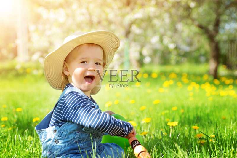一个小男孩坐在花园里开着蒲公英花的草地上正版图片素材