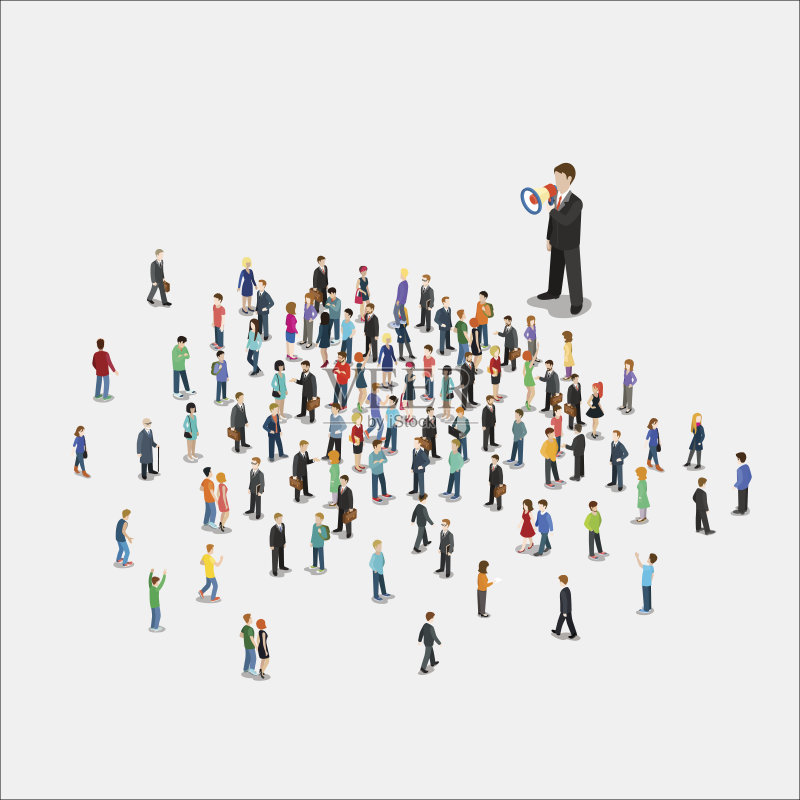 平面等距推广器与扬声器交谈，以微人矢量插图。三维等距推广经营理念。正版插画素材