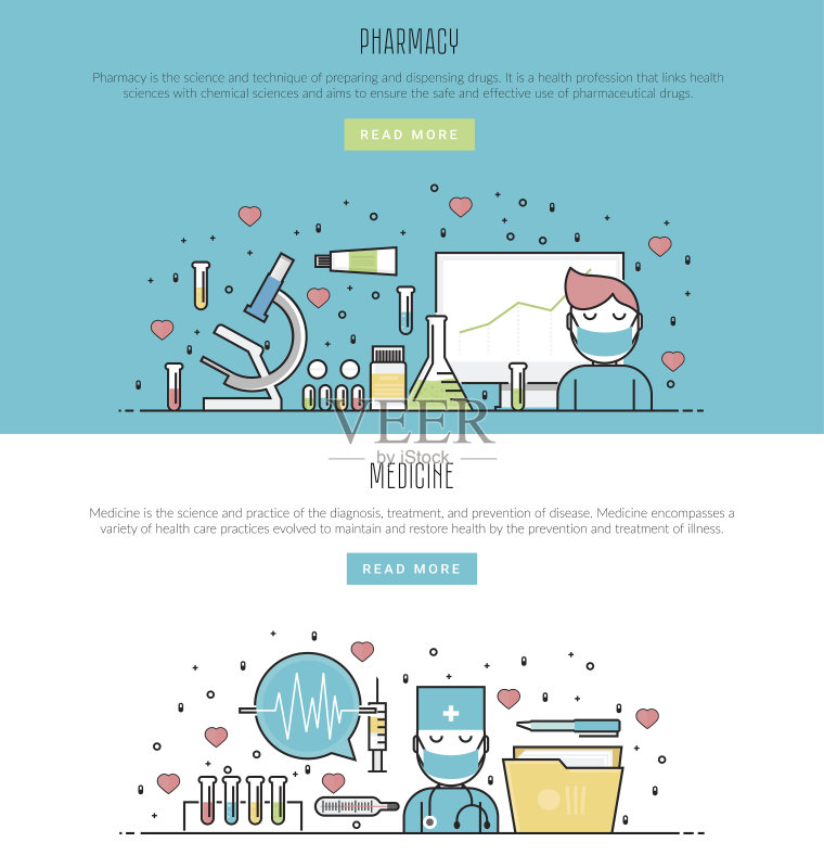 为网页横幅和印刷材料的平面线条风格的一套药房和医药概念。矢量插图。正版插画素材