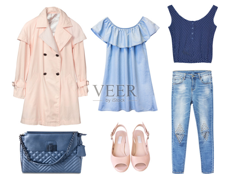 女性套装的衣服。时尚女性牛仔服装孤立。正版图片素材