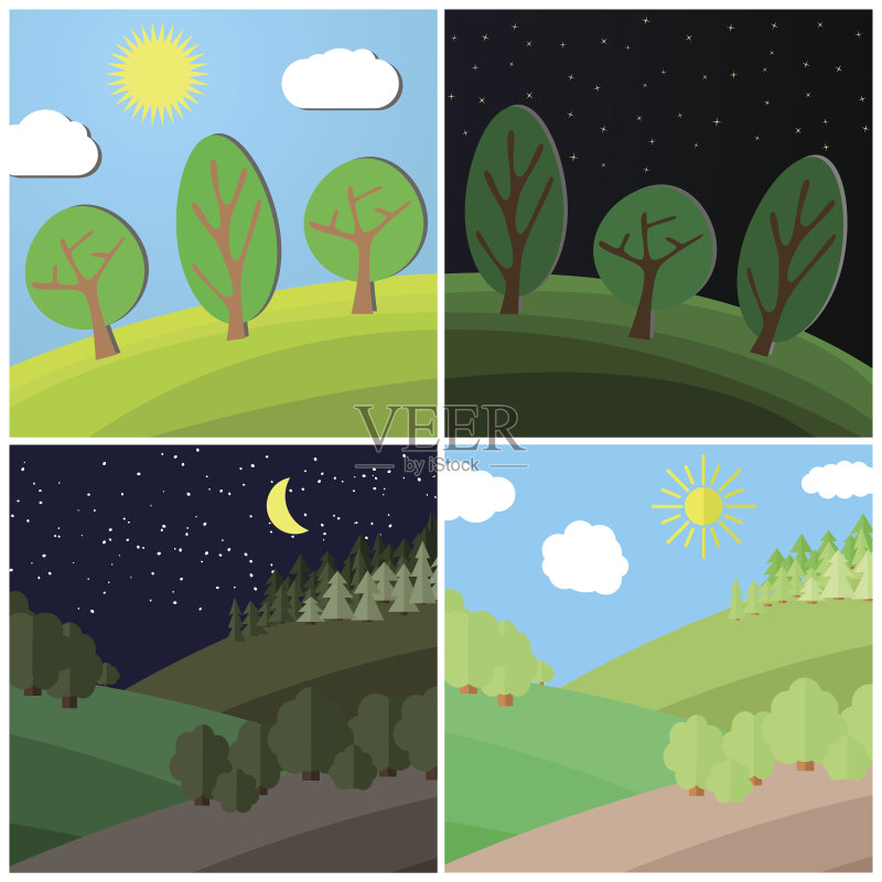 一套夏季景观。在森林空地上的白天和黑夜正版插画素材