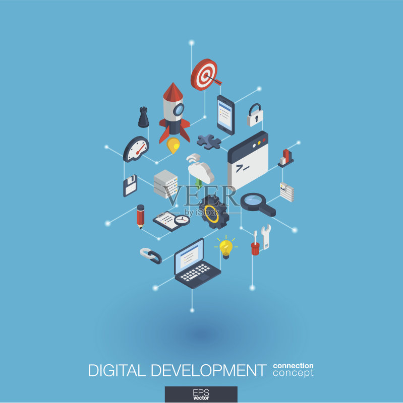 开发集成3d网页图标。数字网络等距概念。正版插画素材