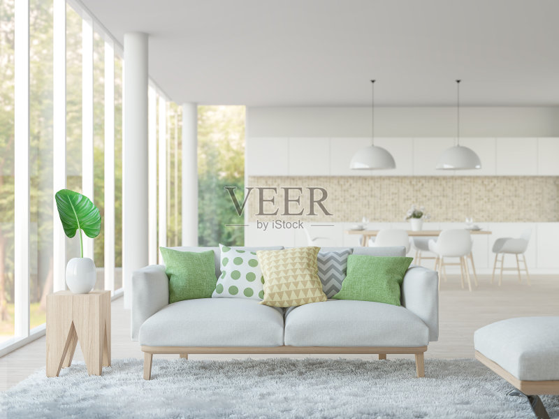 现代白色客厅和餐厅3d渲染图像正版图片素材