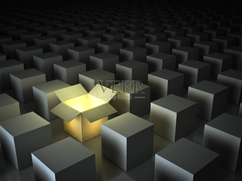 从人群中脱颖而出，不同的创意概念，一个发光的打开的灯箱在封闭的白色方盒中发光，在黑色的背景反射和阴影。三维渲染正版图片素材