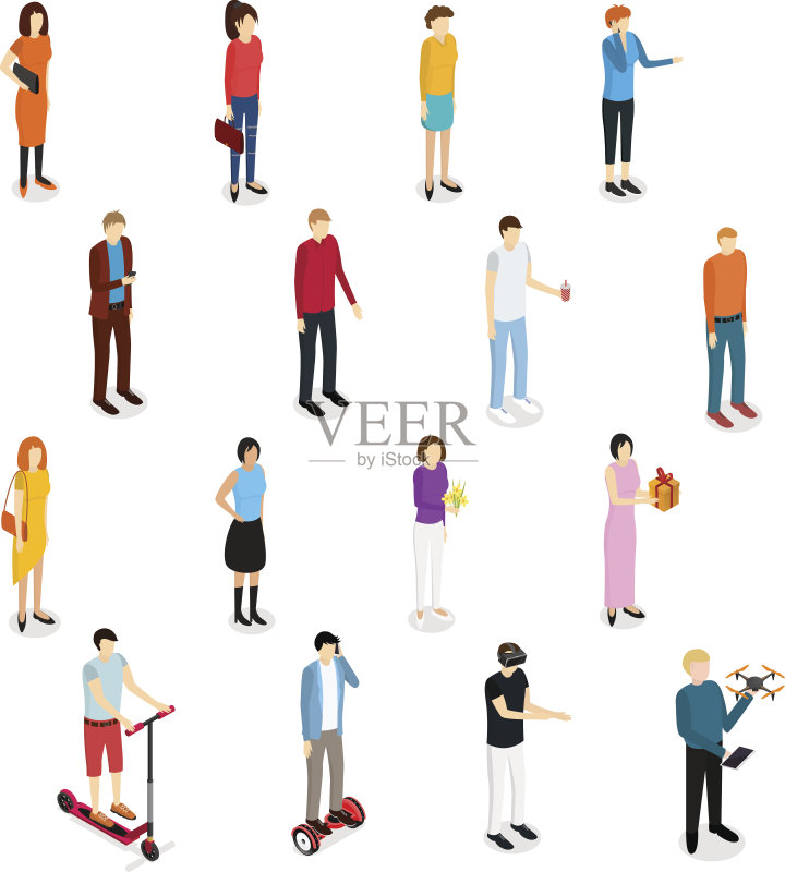 人们设置男人和女人的等距视图。向量正版插画素材