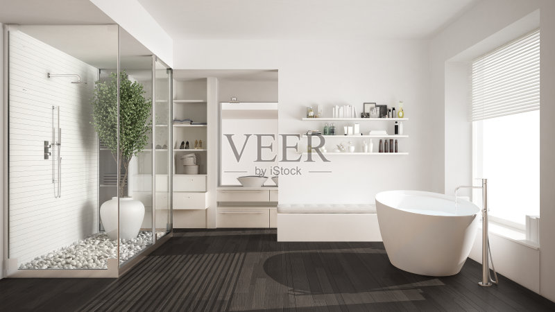 简约的白色斯堪的纳维亚浴室与步入式衣柜，经典的斯堪的纳维亚室内设计正版图片素材