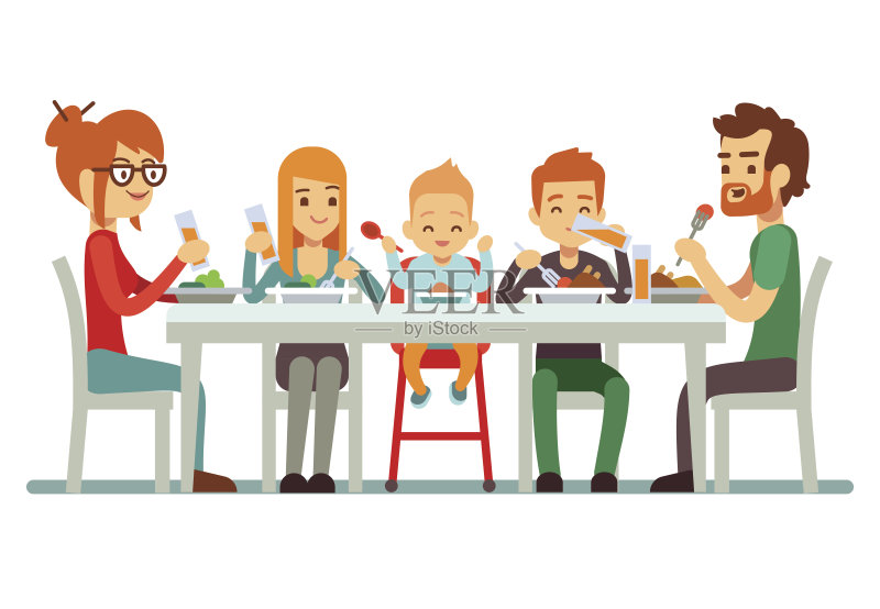 快乐的大家庭一起吃晚餐矢量插图正版元素素材