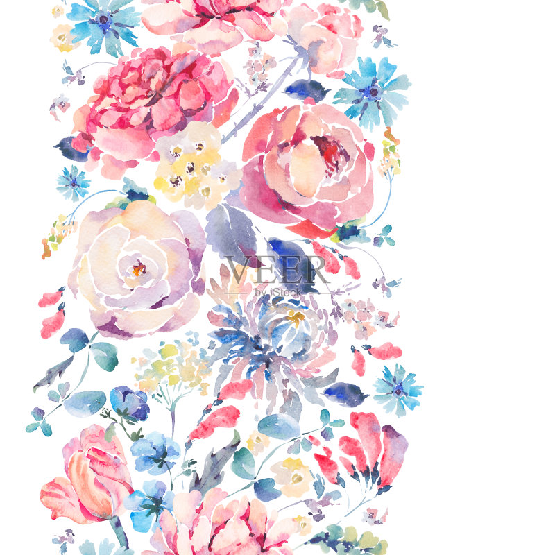 水彩无缝垂直边框菊花，玫瑰正版插画素材