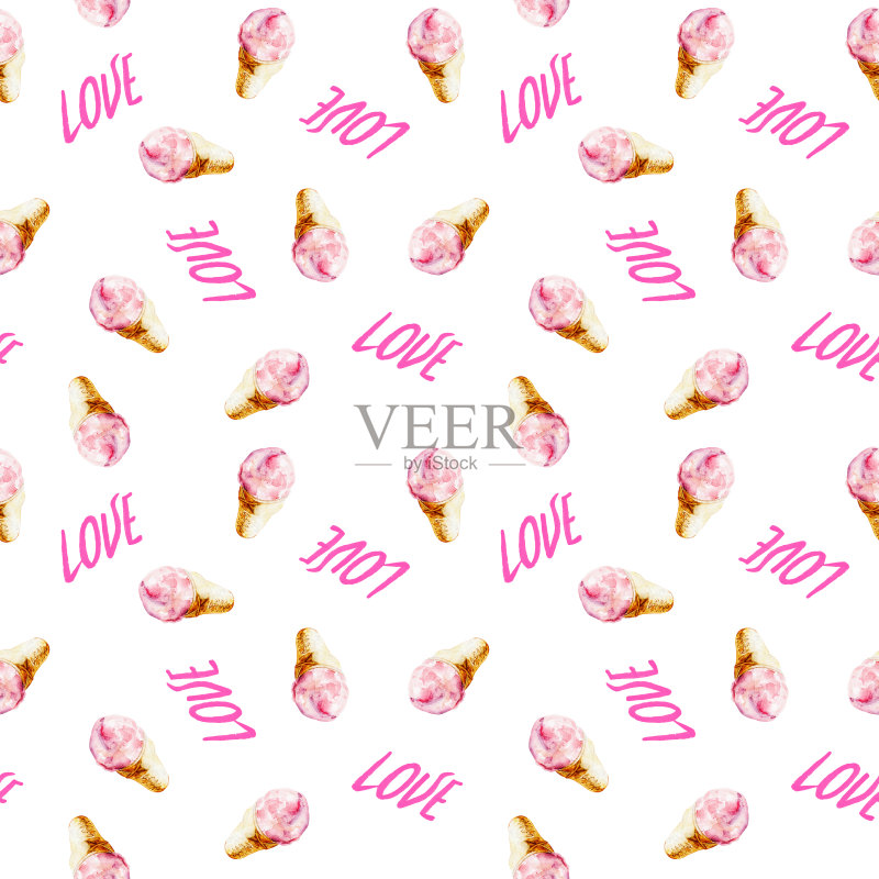 水彩无缝模式与粉红色的字母“爱”和冰淇淋甜筒，手绘风格的插图情人节或邀请。正版插画素材