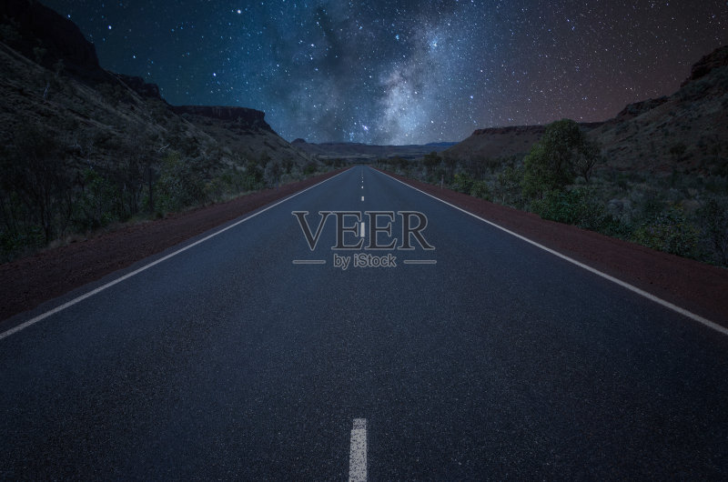 空旷的公路在夜晚与美丽的银河正版图片素材