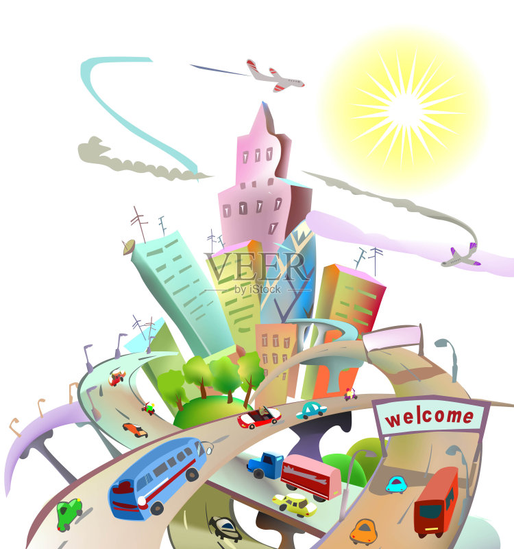 有很多道路的现代城市正版插画素材